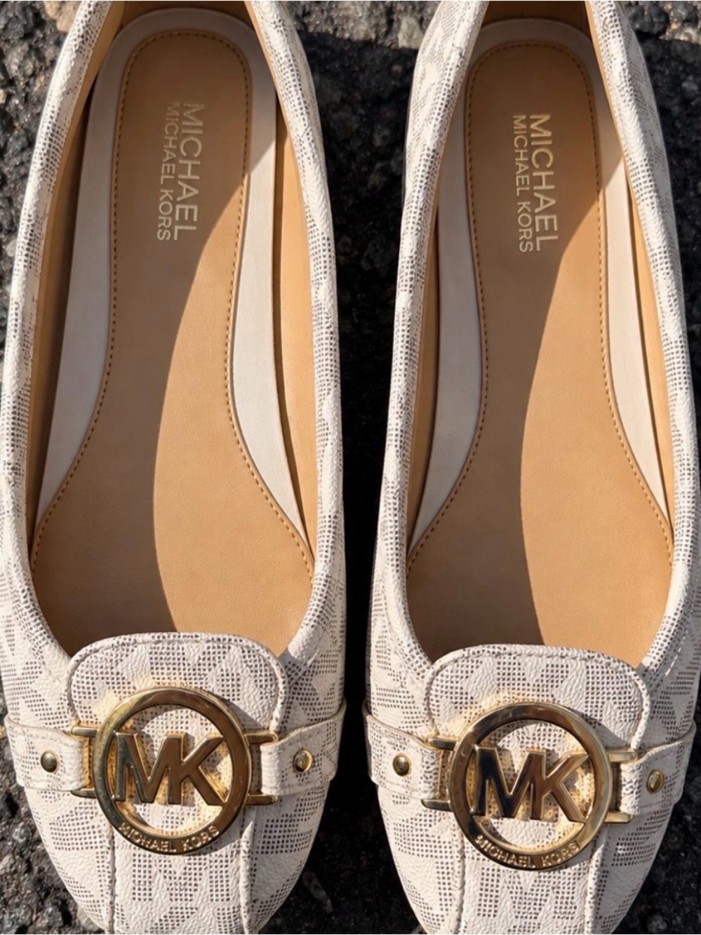 Michael Kors Cream Lace-Pattern Loafers with Gold MK Medallion
